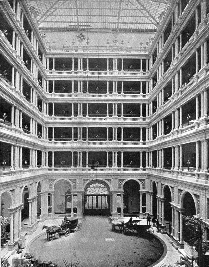 The Palace Hotel's Grand Court around 1895, with carriages on the floor below seven stories of balconies and a glass roof