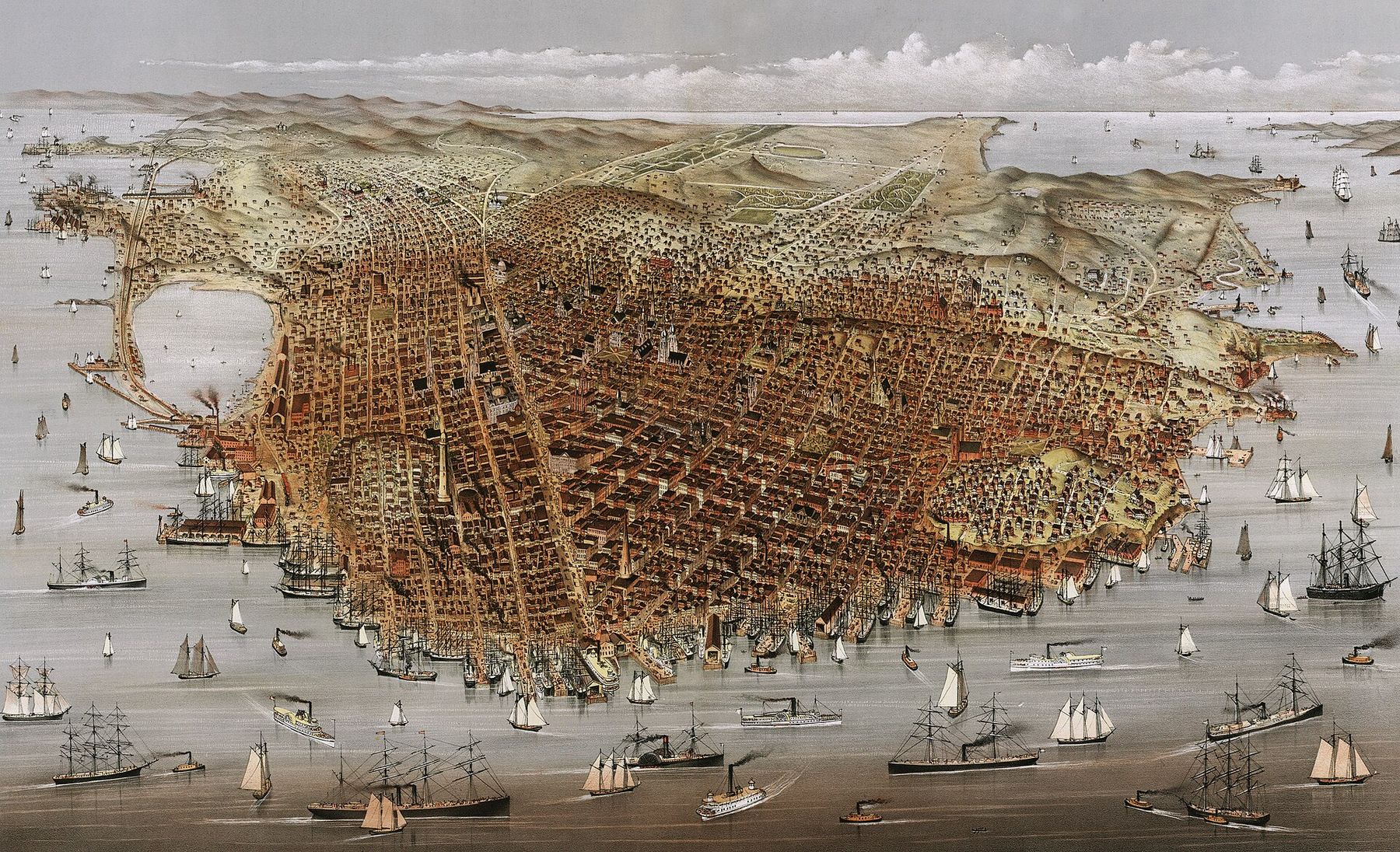 Bird’s-eye view of San Francisco in 1878, looking south-west across the bay full of ships